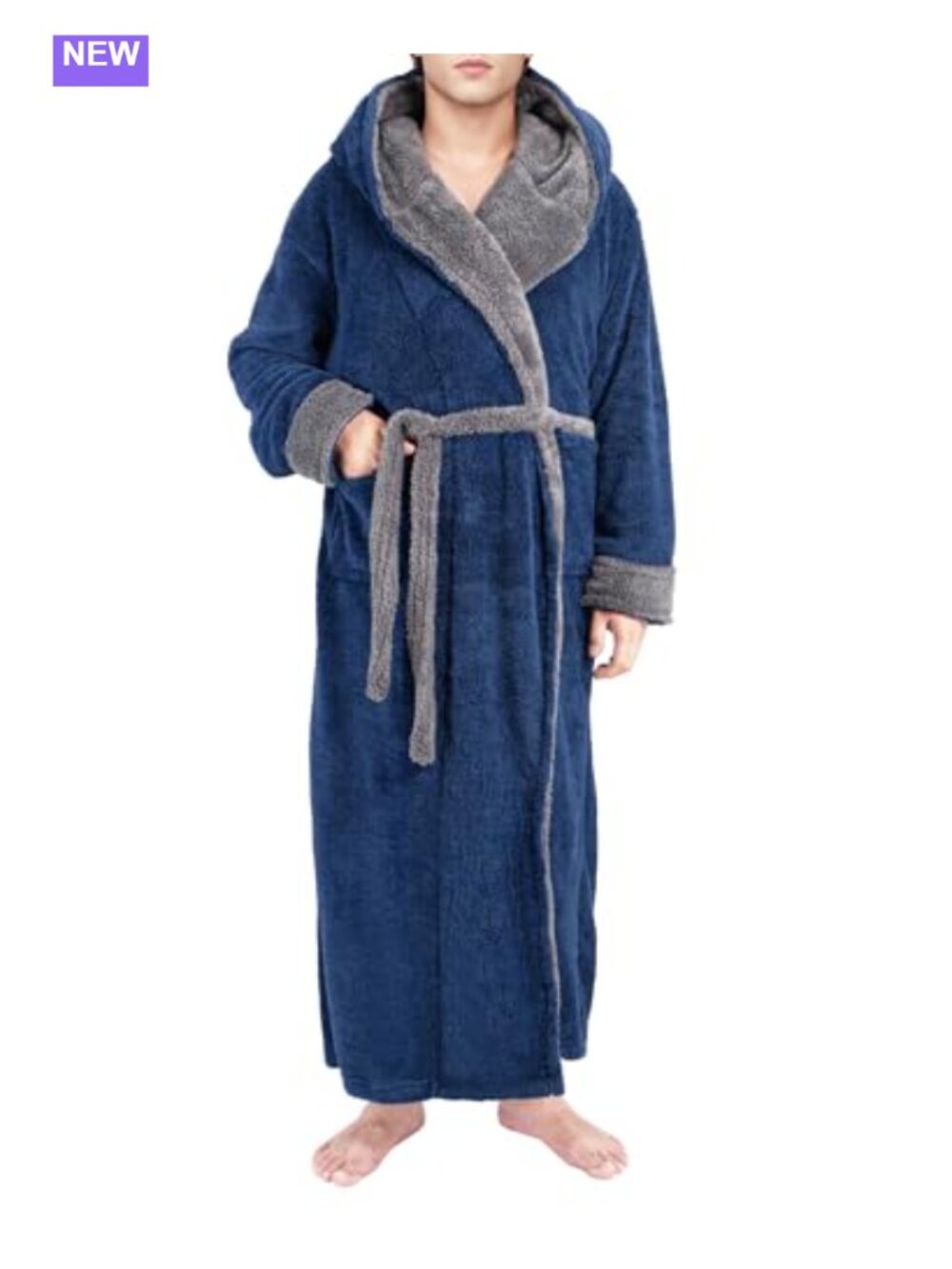 Men's Hooded Plush Fleece Long Bathrobe Full-Length Big & Tall Robe